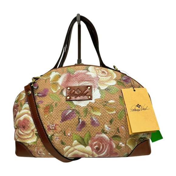 Patricia Nash Crackled Rose Garden Straw Collection Satchel Tan Pink - Picture 1 of 10